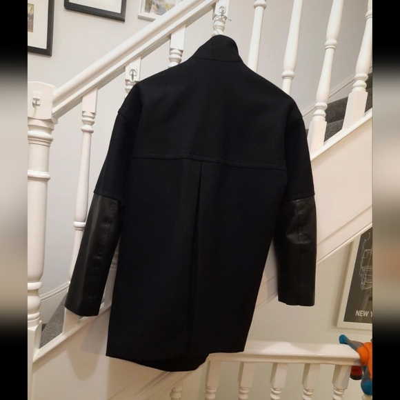 AllSaints Meade Lea black coat w/ leather sleeves - Picture 2 of 10